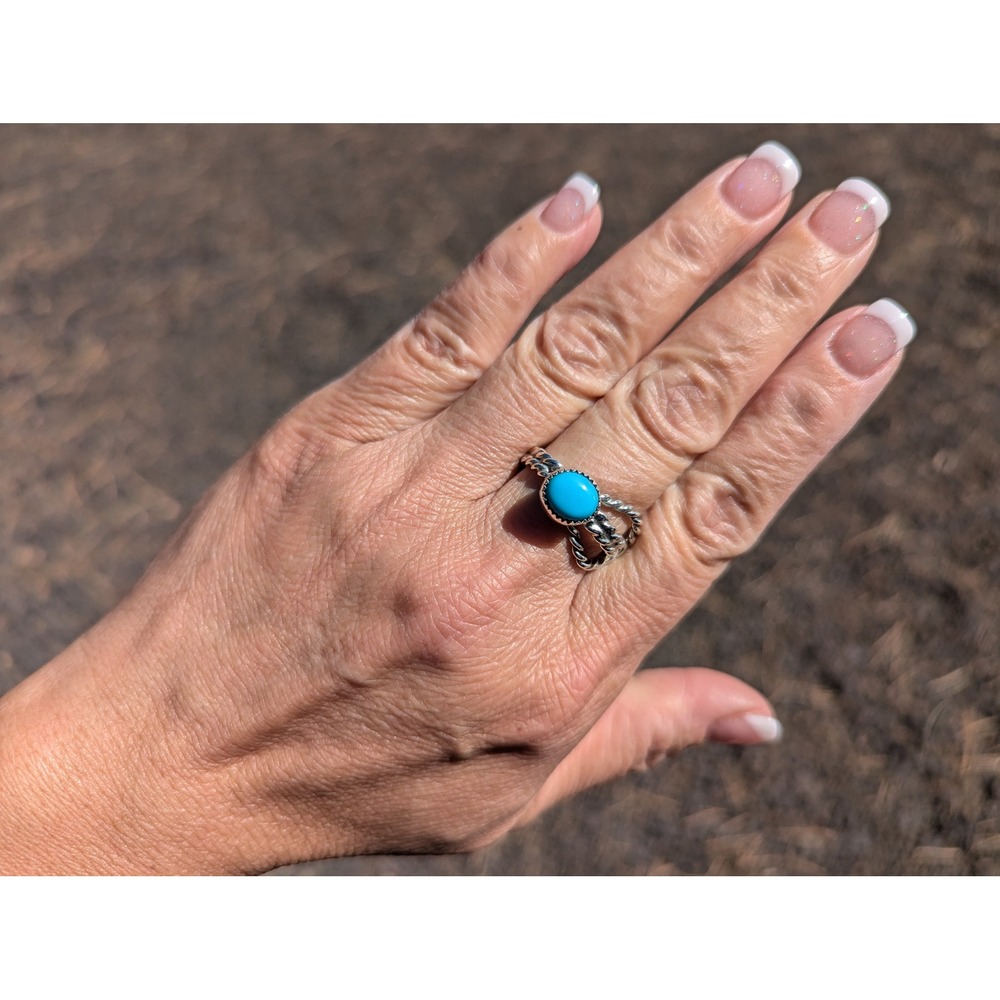Navajo Turquoise Rope Lasso Sterling Silver Ring Native Am Jewelry Sz 7.5US**